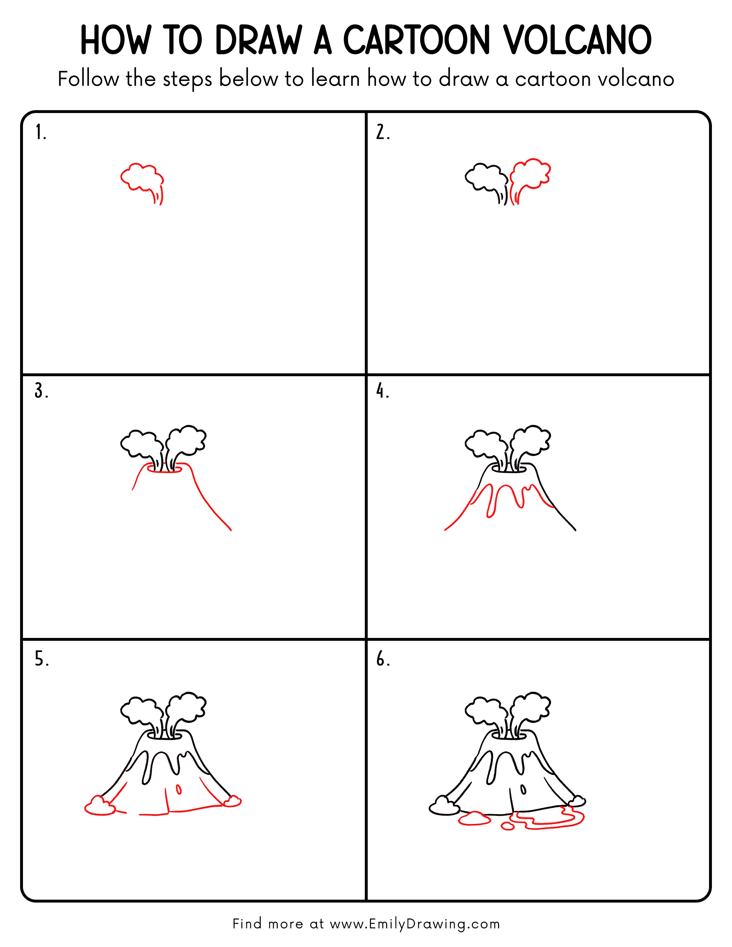 Printable Cartoon Volcano Drawing Guide